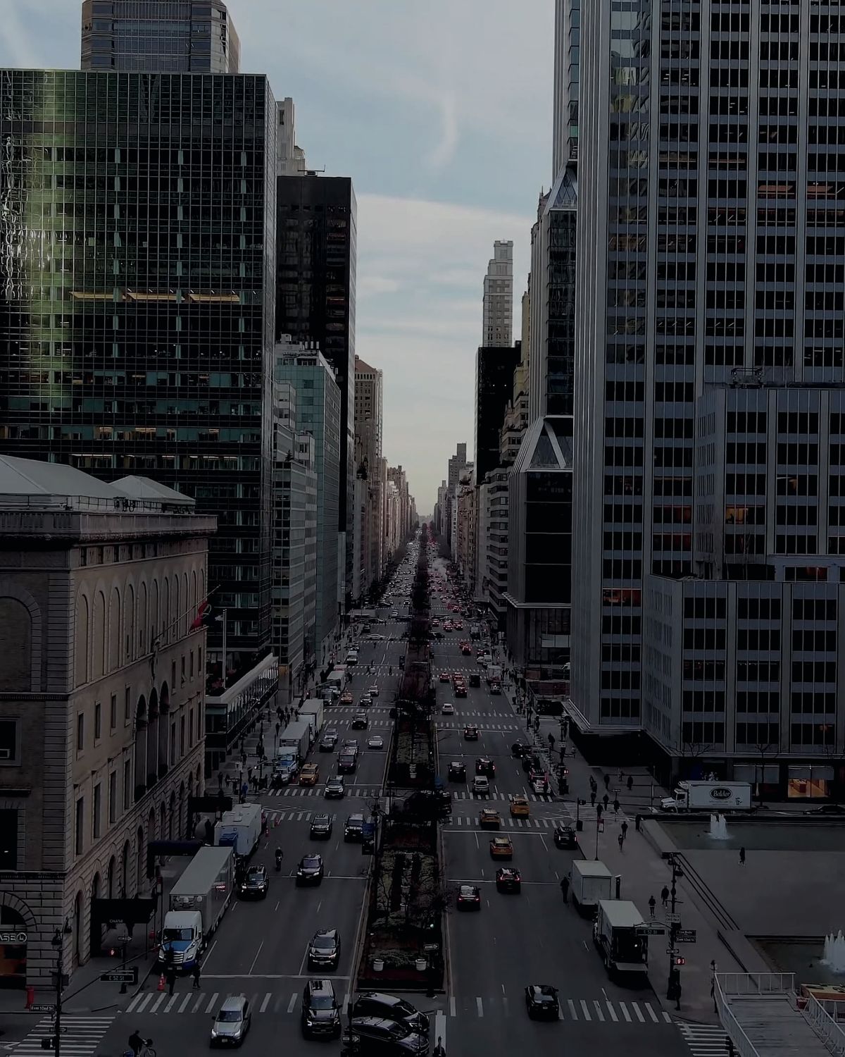 Manhattan towers seen from the street.
